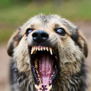 Cão portador da doença da raiva prestes a morder.