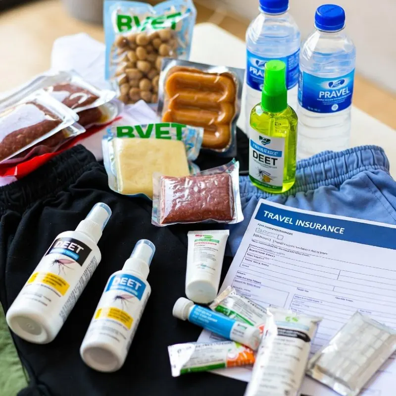 Vários tipos de precauções de saúde como kit SOS, garrafas de água, antibiótico, seguro de viagem